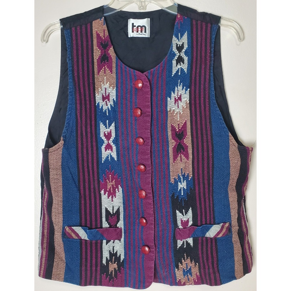 Vintage 90's Southwestern Aztec‎ Tapestry Vest Boho Hippie Western Button Front